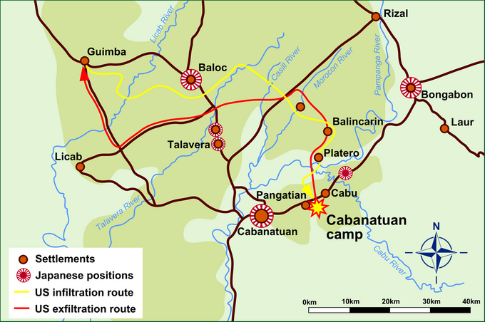 Public Domain: Route map of Raid at Cabanatuan.svg. Created: 12 June 2010