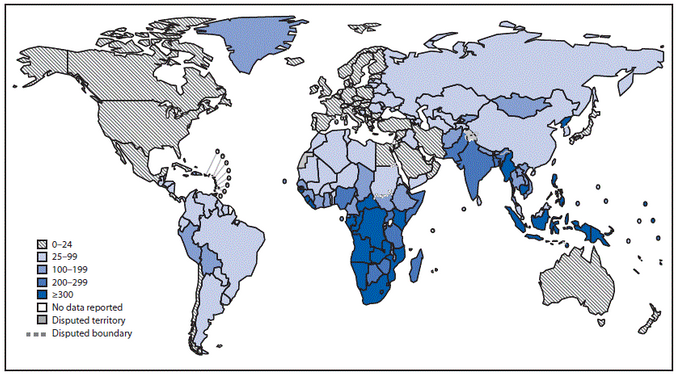 Annual tuberculosis incidence (per 100,000 population), by region — worldwide, 2017. CDC.gov.